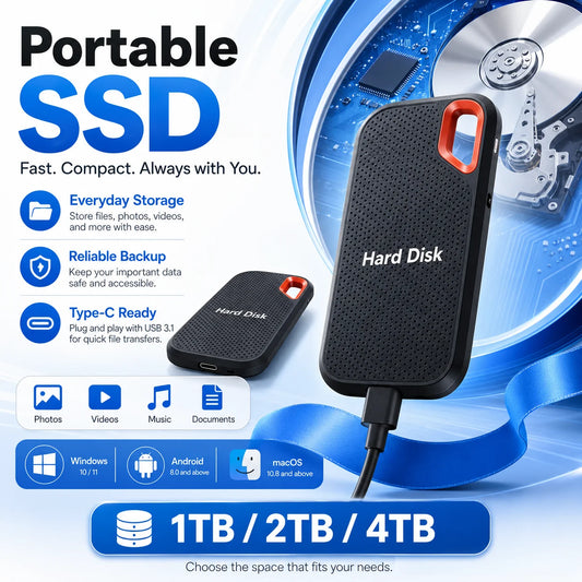 2TB Portable SSD 1TB External Hard Drive USB Type-C Fast Compact Mobile Data Storage for Laptop Mac PC Compact Durable Use