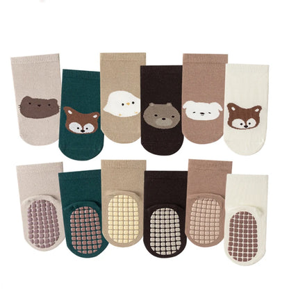 6 Pairs Cartoon Animal Baby Glue-On Socks, Kid's Anti-Slip Trampoline Socks, Suitable for Babies When They Are Learning to Walk