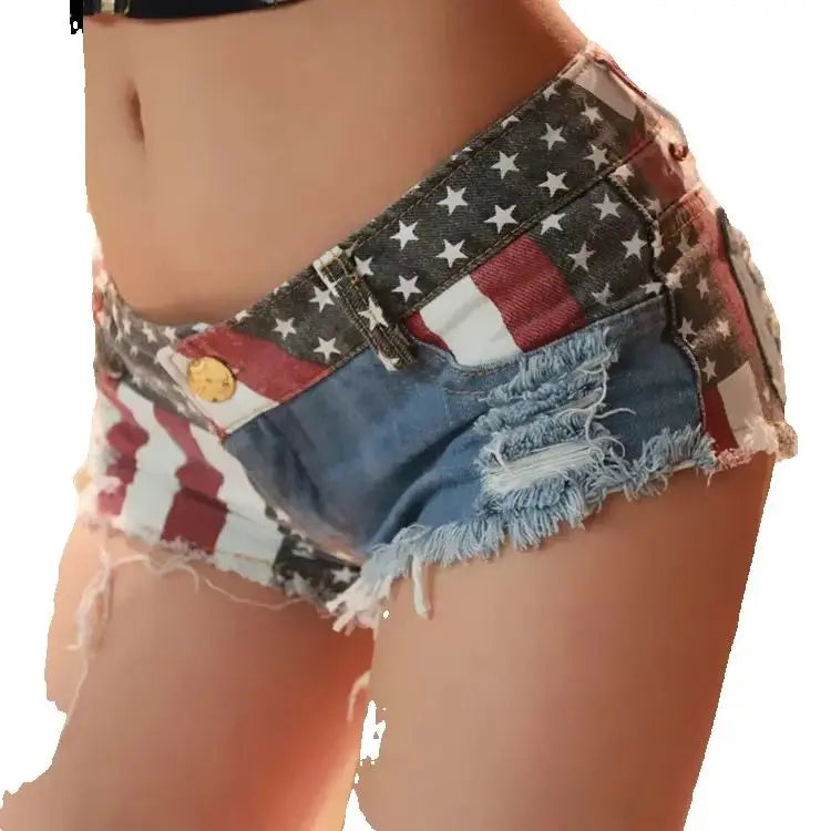 Women's Low-rise American Flag Print Ripped Denim Shorts Jeans Mini Hot  Summer Style