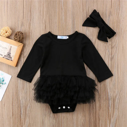0-24months Baby Girls Long Sleeve Romper Casual Round Neck Infant Girls Princess Bodysuit With Bow Headband