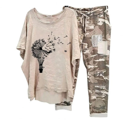 Womens Two Piece Camouflage Set Summer Outfits for Women Cotton Linen Suit 2023 Casual Print Short Sleeve Harajuku