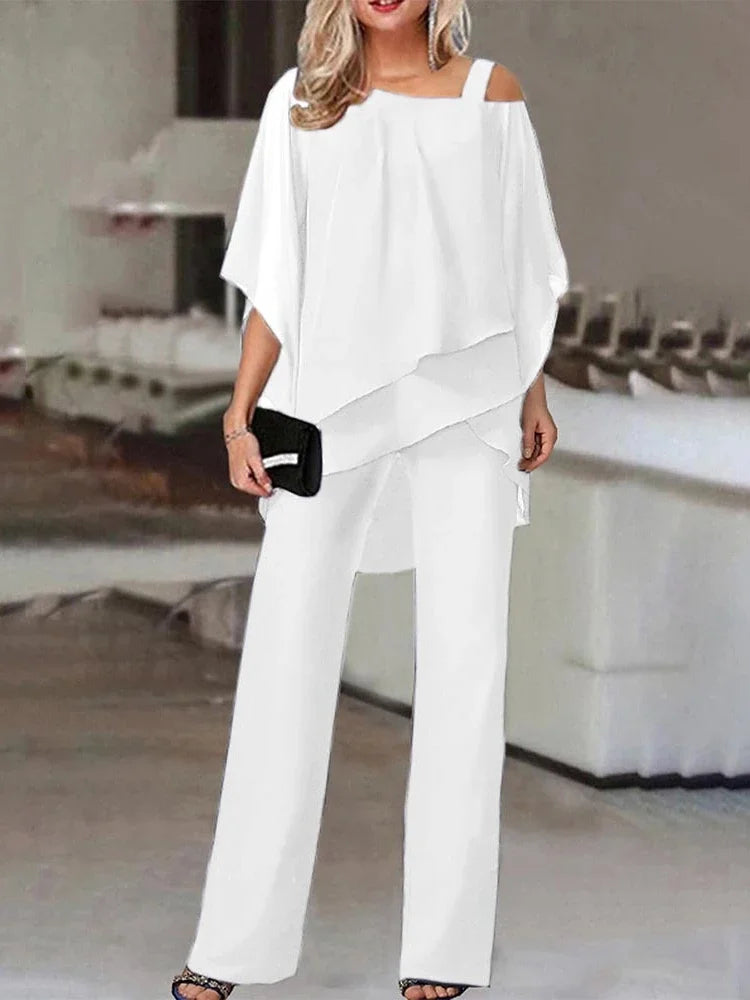 New Matching Collection Fashion Women's Bat Sleeve Top Casual Off Shoulder Party Elegant Wide Leg Pants Women's Two Piece Set