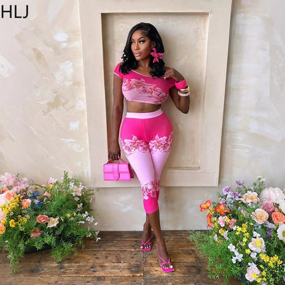 HLJ 2026 New Women Floral Print 2 Piece Set Off Shoulder Short Sleeve Crop Top + High Waist Capri Pants Summer Casual Streetwear