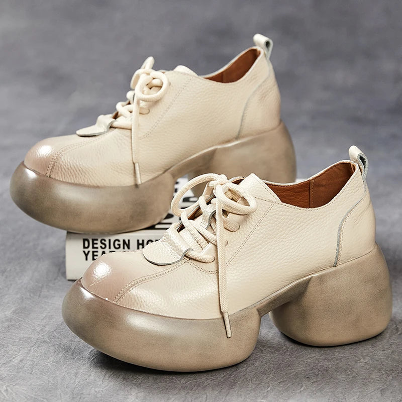 GKTINOO 2026 Spring New Genuine Leather Pumps Thick Soled Women Shoes Retro Comfortable Round Toe Wedges Platform Shoes
