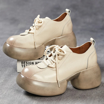GKTINOO 2026 Spring New Genuine Leather Pumps Thick Soled Women Shoes Retro Comfortable Round Toe Wedges Platform Shoes