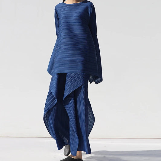 Miyake Pleated Women Two Piece Sets 2023 Summer Long Sleeve T-shirt Tops Ladies Loose Pants Original Designer Causal Clothes