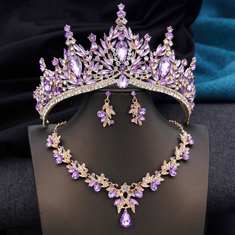 Royal Queen 3 Pcs Tiaras and necklace earrings for Bridal Jewelry Sets Women Brides Wedding Crown Prom Birthday Accessories