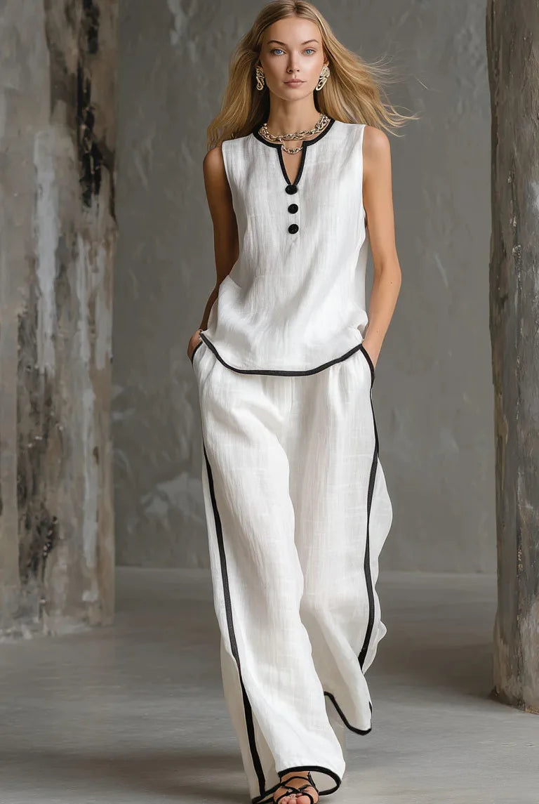 Casual Women Color Blocking Loose Sleeveless Button Vest Elastic Waist Wide-leg Pants Two Peice Set Summer V-Neck Ladies Outfit