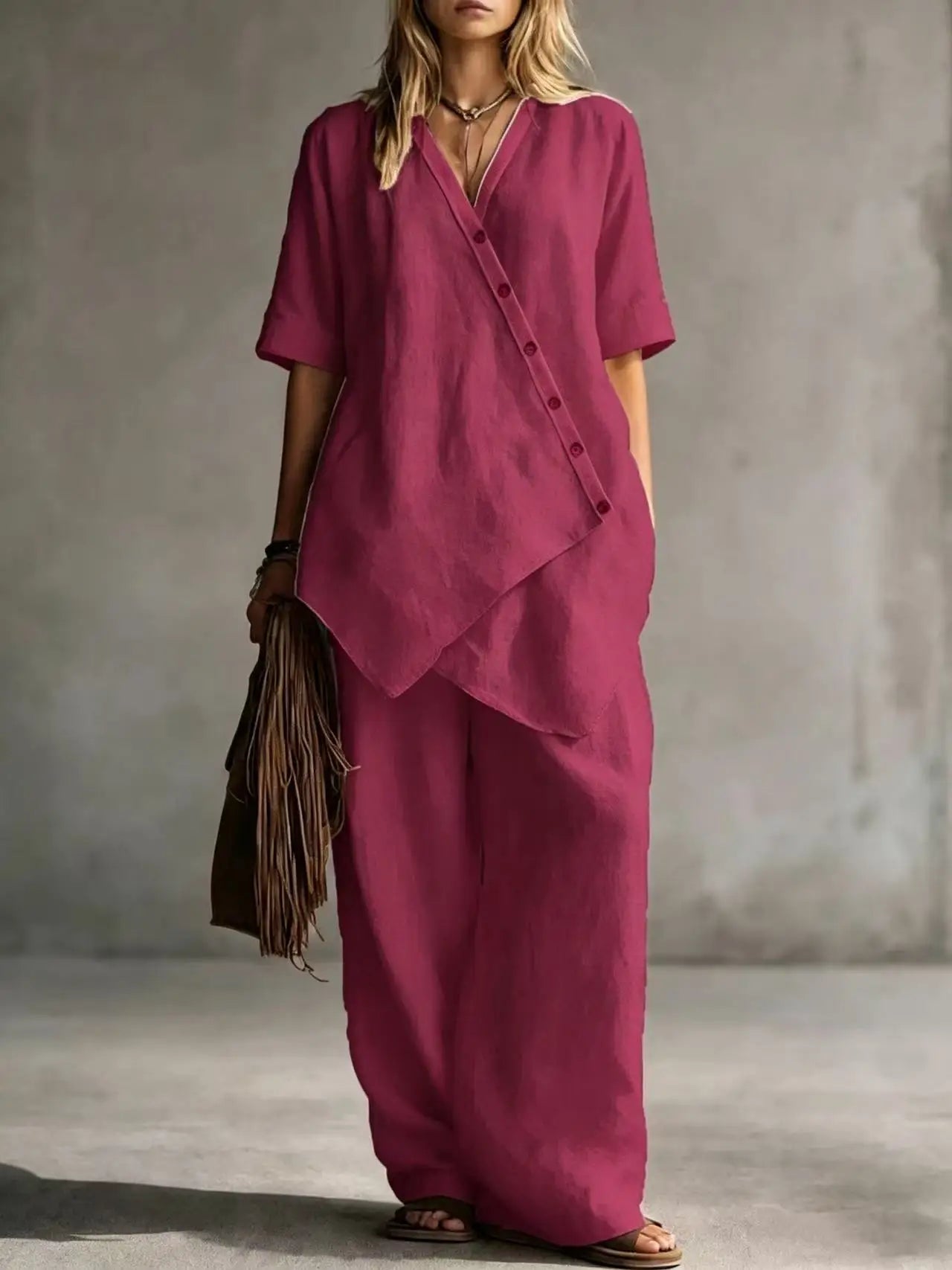 2026 Women's Fashion Casual Solid Color V-Neck Loose Short Sleeve Top and Cardigan with Long Pants Two-Piece Set