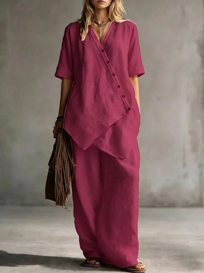 2026 Women's Fashion Casual Solid Color V-Neck Loose Short Sleeve Top and Cardigan with Long Pants Two-Piece Set