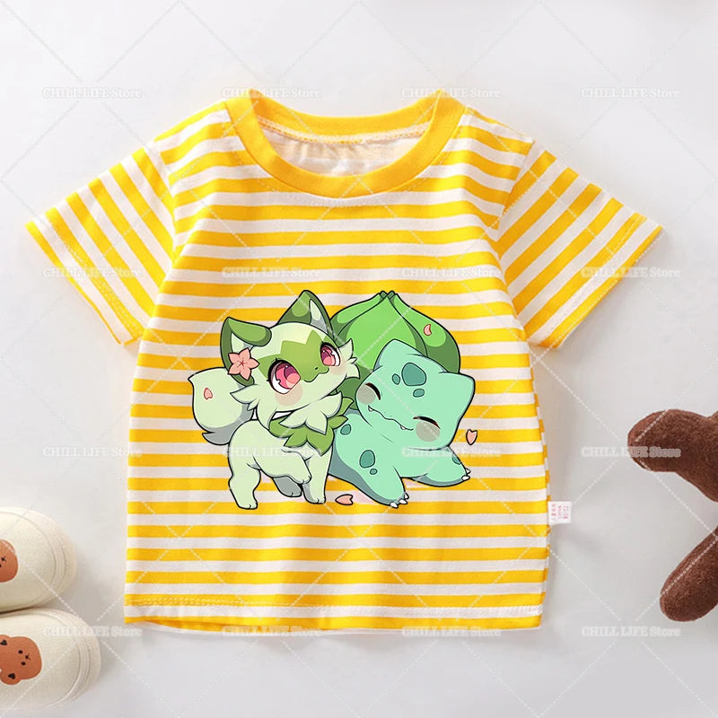 Cartoon Pokemon Stripe T Shirt Cute Pikachu Eevee Bulbasaur Baby Boy Girl Summer Tops Kawaii Toddler Short Sleeve Tee Shirts
