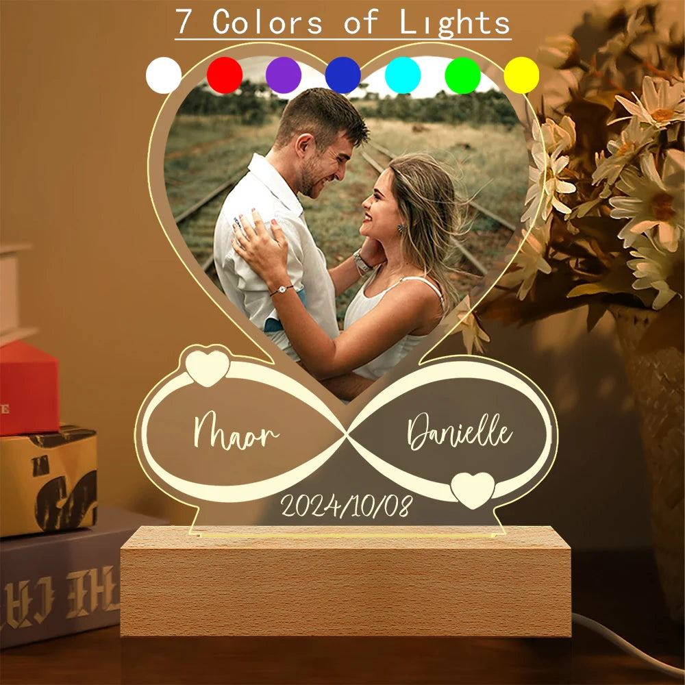 Personalized Photo Frame with Night Light, Customized Picture Frame, Personalized Anniversary Couple Gifts for Women Girlfriend