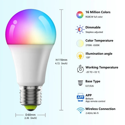 LED Smart Bulb E27 100-240V Color Changing LED Bulb with Music Synchronization WiFi and BLE 5.0 Dimmable RGB Smart Home Lighting
