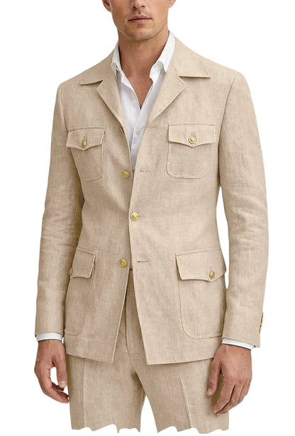 Men's Linen Suit 2 Piece Blazer Pants Set Multi-Pocket Safari Style Slim Fit Formal Business Casual Jacket Trousers for Summer