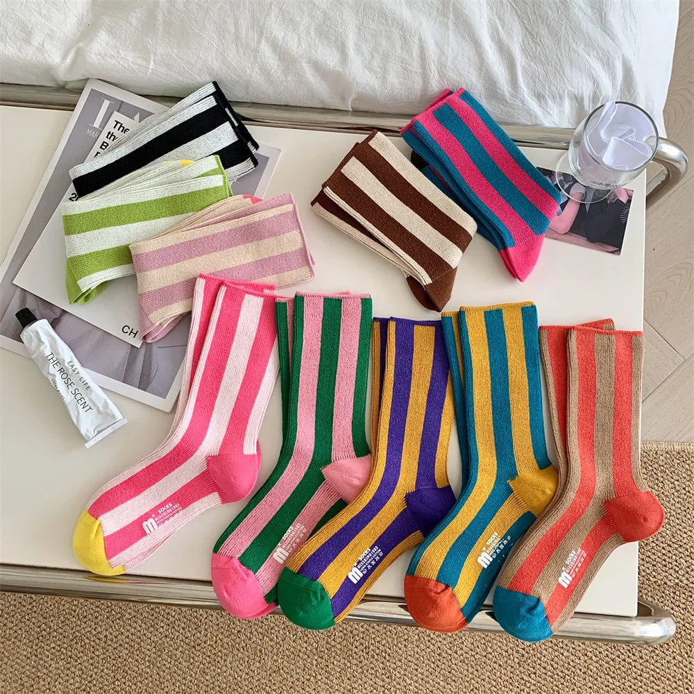 1Pairs Striped Funny Socks Korean Japanese Man Women Design Unisex Fashion Trendy Crew Stockings