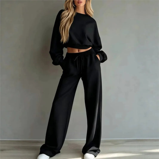 Autumn New Casual O Neck Long-sleeved Ultra-short Sweatshirt Trousers 2piece Set Women Fashion Casual Female Sports Trousers Set