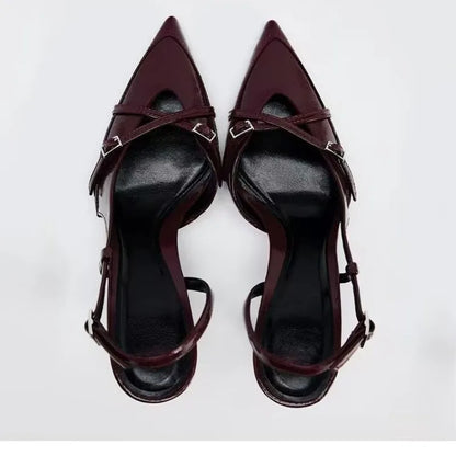 Sexy wine-red high-heeled shoes. Summer fashion pointed-toe elegant cross-strap stiletto sandals. Big size women's shoes