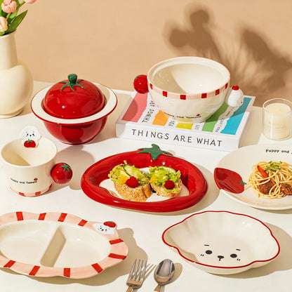SHUNXIANG Tomato Puppy Ceramic Tableware Set Cute Cartoon Print Plates Soup Bowl Salad Pasta Microwave Safe Kitchen Dinnerware