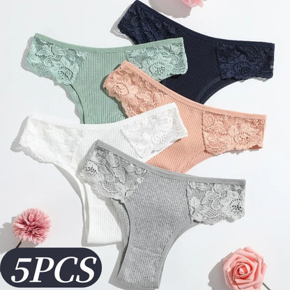 5Pcs/Set Women Cotton Panties Floral Lace Side Panel Low Rise Rib Briefs Low Cut Underwear Comfort Sexy Lingerie Daily Bikini