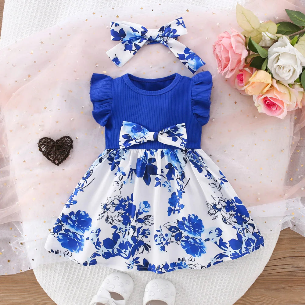 Baby Girl Dress Summer Cotton Bow Print Small Fly Sleeves Girls Dresses Sweet And Cute Beach Baby Girl Clothing