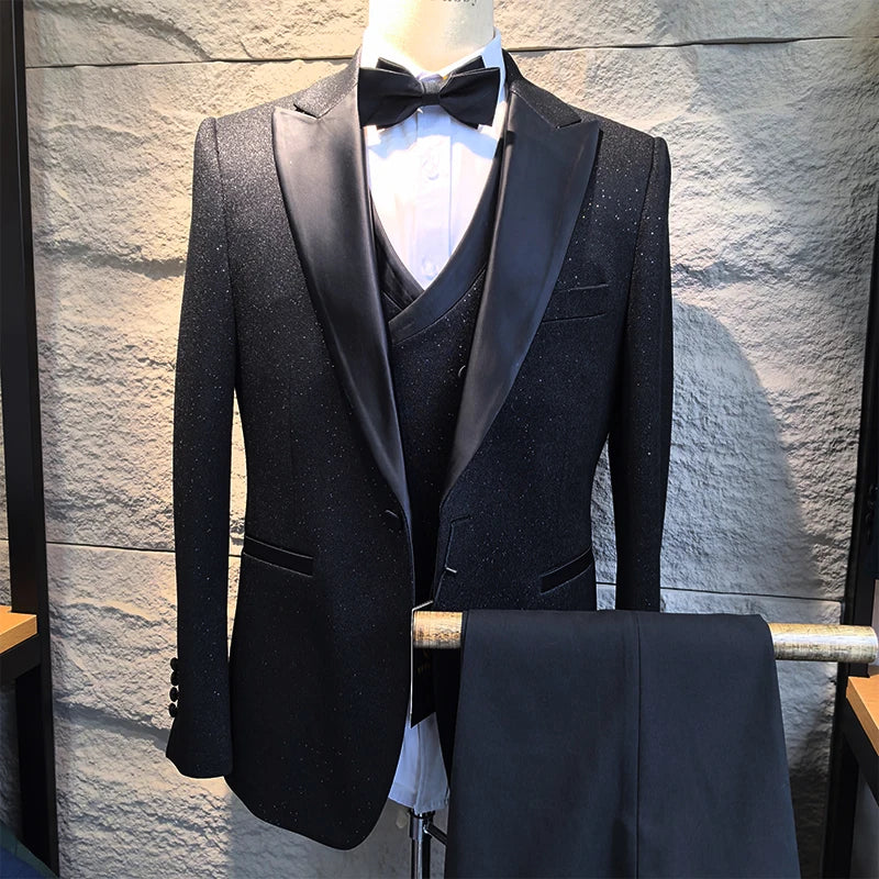 Turkish Luxury Wedding Suits for Groom 3 Pieces Man Suits Slim Fit High Quality Shining Flash Diamond Tuxedo Dinner Suit