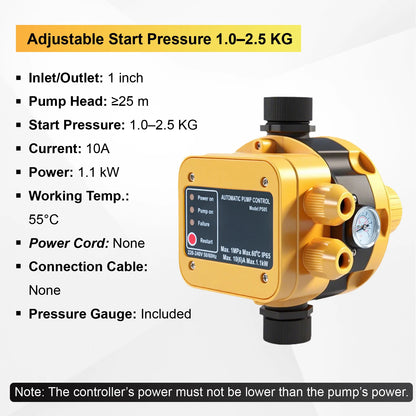 220V Automatic Water Booster Pump Controller Adjustable Pressure Water Pump Pressure Switch Dry Run Protection G1 Inch Thread