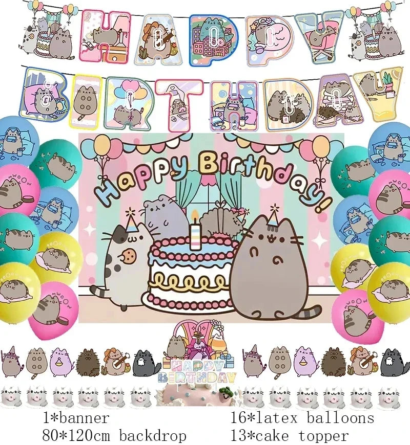 The Pusheen Cat Balloons Birthday Decoration Party Supplies Cartoon Grey Pet Fat Cat Theme Banner Backdrop Cake Topper Sticker