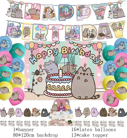 The Pusheen Cat Balloons Birthday Decoration Party Supplies Cartoon Grey Pet Fat Cat Theme Banner Backdrop Cake Topper Sticker