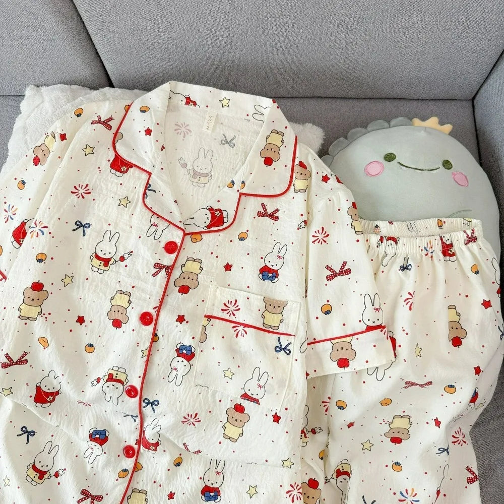 Cute Miffy Women Summer Pajamas Set Short Sleeve Shorts Comfortable Loose Soft Breathable Casual Homewear Loungewear Sleepwear