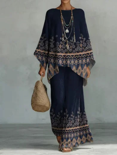 Boho Two Piece Set Summer Women's Loose Patchwork Wide Leg Pants Set Fashion O Neck Pullover Top 2-piece Set Outfit Streetwear