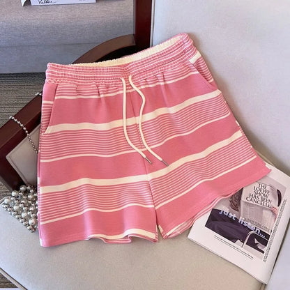 Women Plus Size Summer Regular Short Sleeve Suits Casual Strecth Cute Outfits Women Stripe O Neck Loose Two Piece Shorts Sets