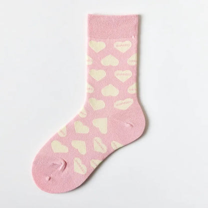 New Women Socks Cute Love With Heart Print Sock Cotton Harajuku Vintage Happy Female Dots Heart Kawaii Sox White Pink Crew Sock