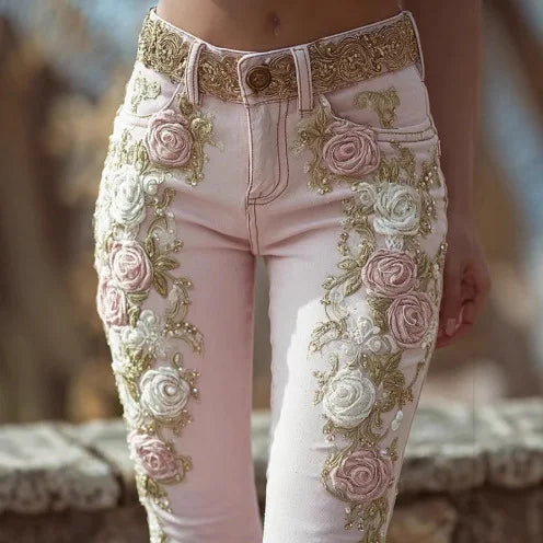 Womens Vintage Pink Rose Embroidery Art Print Jeans Elegant Casual Trousers High Waist Fashion Pants