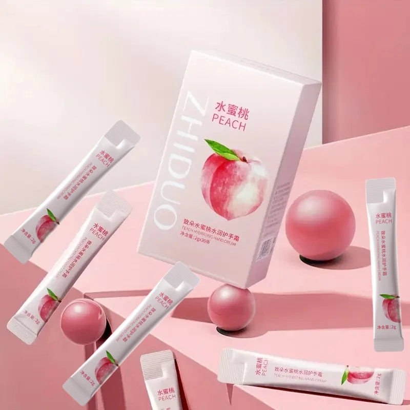 A Box of 20 Peach Moisturizing and Hydrating Hand Creams, Portable Moisturizing Sticks, Suitable as Hand Cream, Face Cream, and Body Lotion, Ideal as Souvenirs and Gifts.