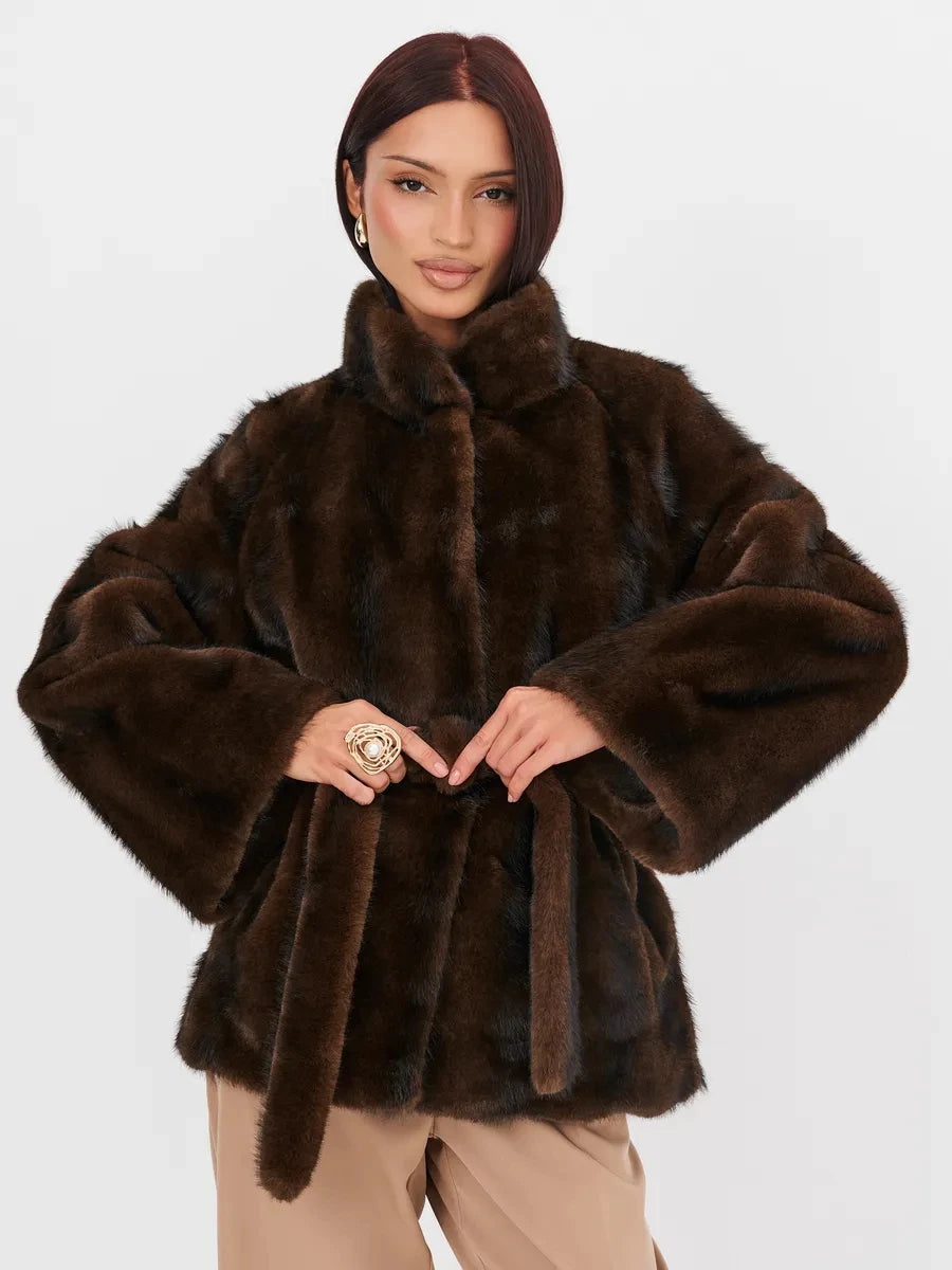 2026 Autumn Winter Women Faux Mink Fur Coat Lapel Collar Belted Long Jacket Luxury Fluffy Outerwear Brown