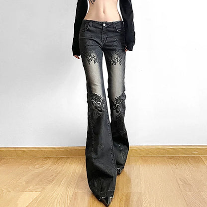 Women's Jeans  New American Retro Street Style Plant Print Washed Vintage Low-Rise Flare Pants Trendy Versatile