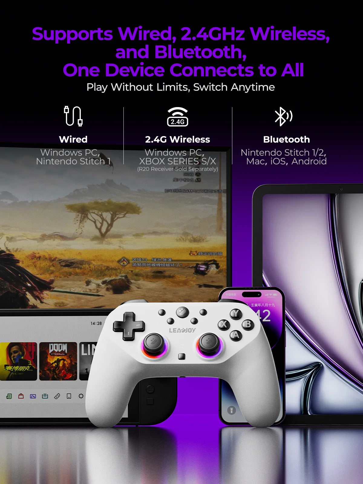 Leadjoy Saber Plus Wireless Game Controller, TMR Joysticks, Hall Effect & Tactile Dual Triggers Gaming Controller