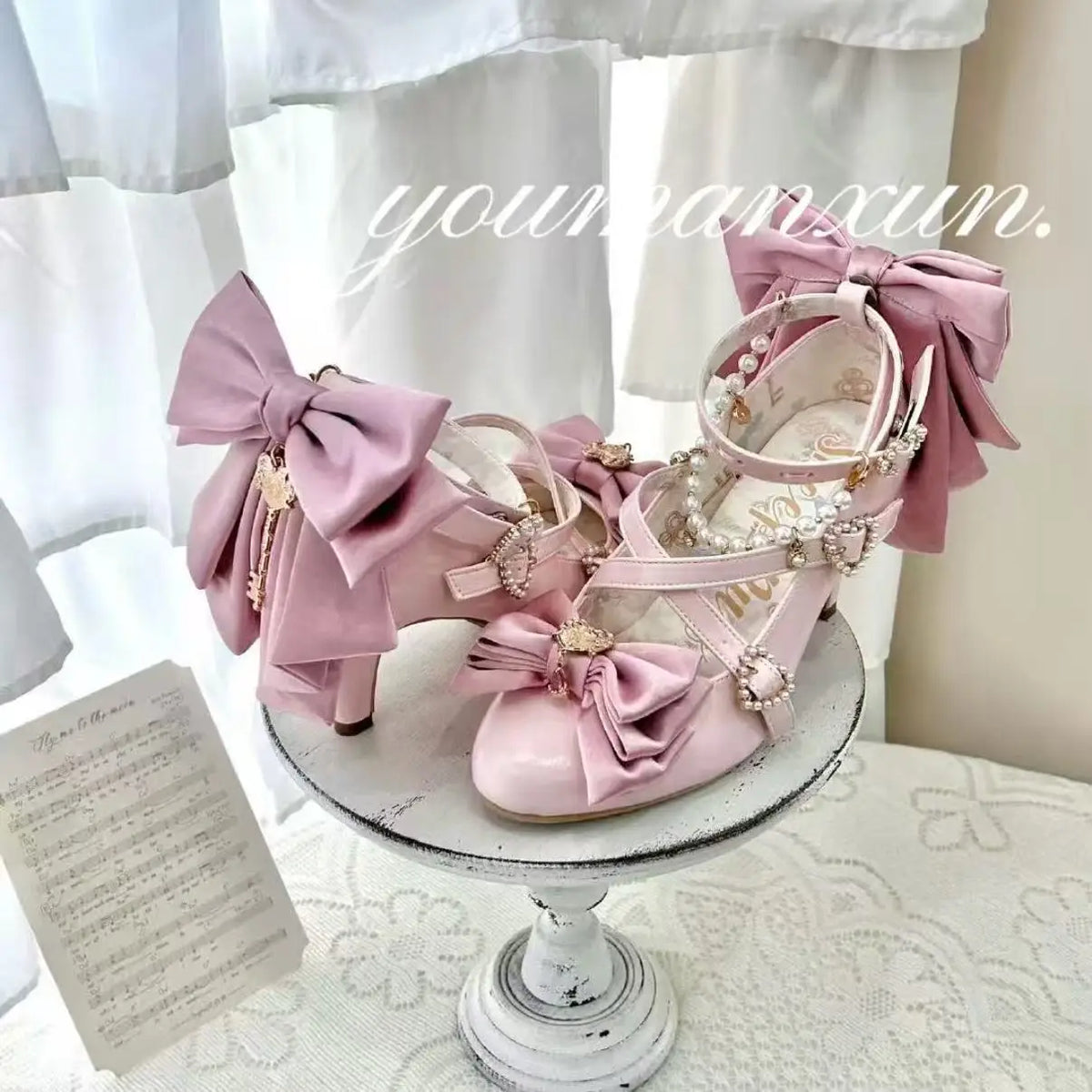 Lovely Girls Pink Lolita Butterfly Knot High Heels Platform Shoes for Women Cute Sakura Dress Mary Janes Beige Size 34-42