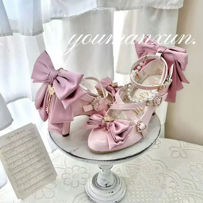 Lovely Girls Pink Lolita Butterfly Knot High Heels Platform Shoes for Women Cute Sakura Dress Mary Janes Beige Size 34-42