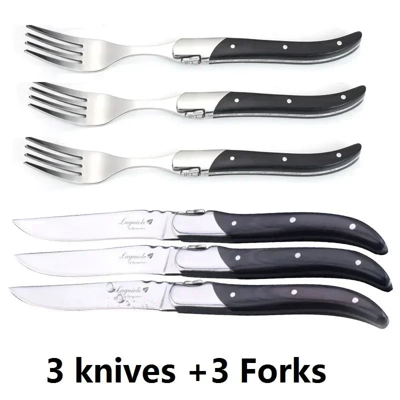 2-10pcs Laguiole Steak Knifes Dinner Knives Black Wood Handle Dinnerware Stainless Table Knife and Fork Wooden Tableware Cutlery