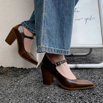 MKKHOU Fashion Pumps New High Quality Genuine Leather Pointed High Heels Mary Jane Shoes Women's Heels Leather Shoes Women Shoes