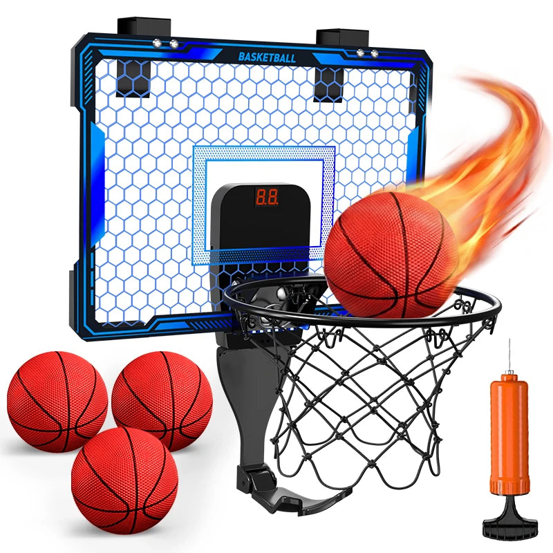 Basketball Hoop Wall-mounted Indoor Training Home Kids Basketball Toy,with 7 LED Lights Scoreboard 3 Play Modes,Mini Basketball Hoop Set For Kids Outdoor Games