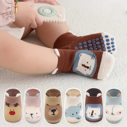 12 Pairs of Boys and Girls' Anti Slip Socks with Cute Cartoon Animal Patterns, Comfortable and Breathable Baby Floor Socks