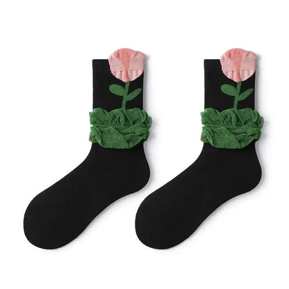 New Style Crew Socks for Women Spring Fashion Cute Flower Long Cotton Socks Japanese Style Breathable Casual Trendy Absorb Sweat