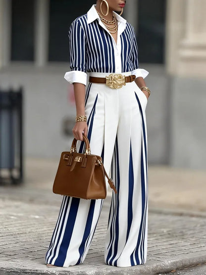 Women Fashion 2-Piece Set Striped Button Down Long Sleeves Shirt High Waist Striped Wide Leg Pants Elegant Office Outfit