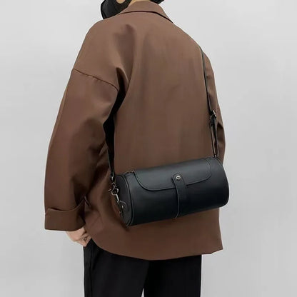 Retro Fashion Men's Crossbody Bags PU Leather Barrel-Shaped Shoulder Bag Men Crossbody Bag Flap Bucket Sling Mobile Phone Bag