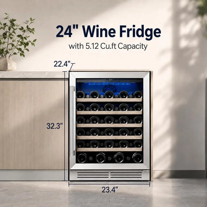28-Bottle 24-Inch, 52-Bottle 24-Inch Wine Fridge Built-In Single-Zone Cooler | 41-64°F Digital Control, Compressor Cooling, Double-Pane Glass Door, LED Lighting, Lockable Door, Built-In or Freestanding