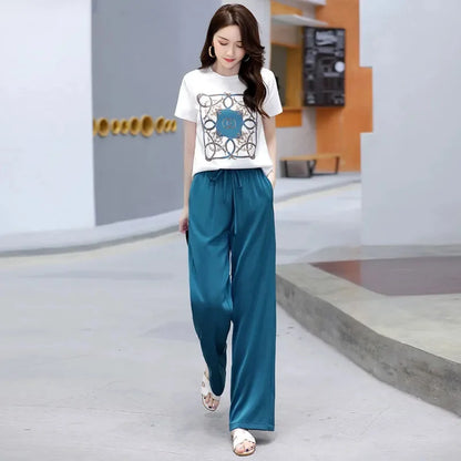 Women Suit 2025 Summer New Korean Style Short Sleeve Tops Fashion Wide Leg Pants 2 Two Piece Set Casual Plus Size Female Outfits