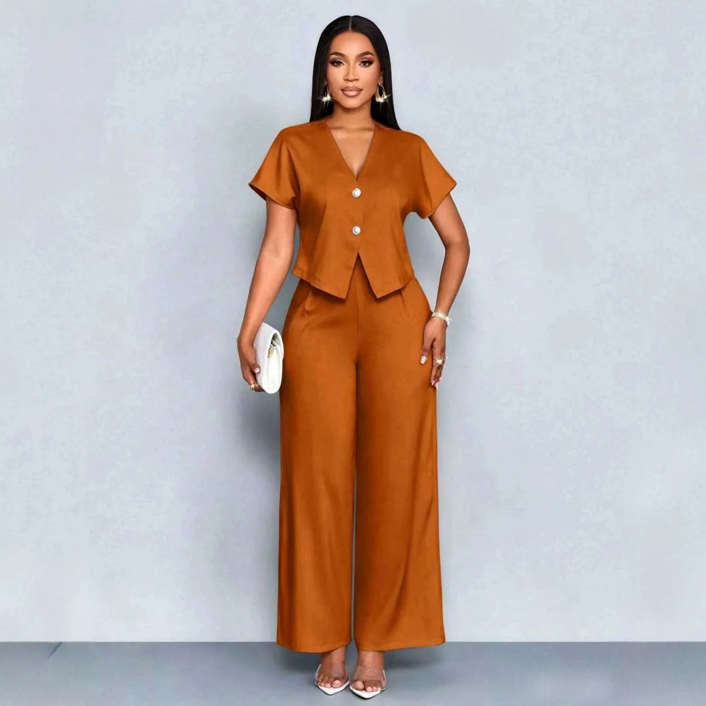 Summer Elegant 2 Piece Suit For Women V Neck Short Sleeve Blouse Top High Waist Wide Leg Pants Set Casual Business Office Outfit