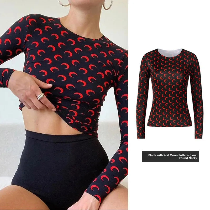Sweet Two Piece Set Women American Retro Layered Outfit Long Sleeve Moon Print Top Ice Silk Pants Sexy Casual Autumn Fashion